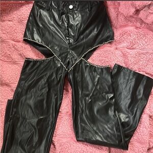 Black Faux Leather Cutout Rhinestone Pants